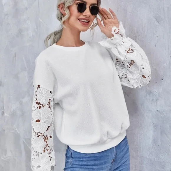 Drop shoulder lace sleeve pullover - Picture 3 of 7